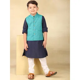 Fabindia Boys Striped Band Collar Neck Long Sleeves Straight Kurta With Churidar & Jacket-picture-21