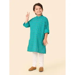 Fabindia Boys Teal Cotton Printed Full Sleeves Kurta Long-picture-19