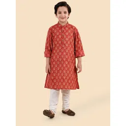 Fabindia Boys Tropical Printed Band Collar Pure Cotton Kurta-picture-30