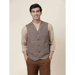 Fabindia Brown Slim Fit Self Design V Neck Waistcoat-picture-18