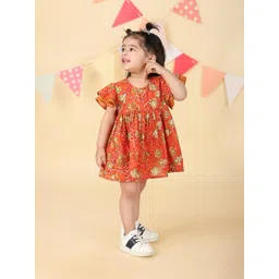 fabindia Fabindi Girls Floral Print Gathered or Pleated Flutter Sleeves A-Line Dress-picture-20