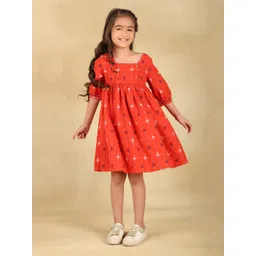 Fabindia Floral Girls Puff Sleeve Fit & Flare Dress-picture-33