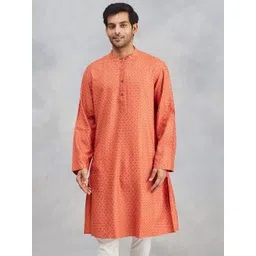 Fabindia Geometric Woven Design Band Collar Viscose Silk Straight Kurta-picture-34