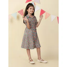 Fabindia Girls Ethnic Motifs Printed Shirt Collar Cotton A-Line Dress-image-34
