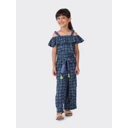Fabindia Girls Navy Blue & Off White Printed Basic Jumpsuit with Ruffles-picture-21