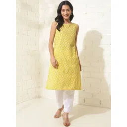 Fabindia Green Cotton Printed Slim Fit Knee Length Kurta-picture-29