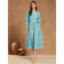 Fabindia Green Printed Three-Quarter Sleeves Dress-picture-28