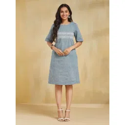Fabindia Grey Cotton Regular Fit Embroidered Dress-picture-44