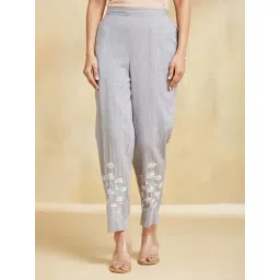 Fabindia Grey Cotton Slim Fit Embroidered Trousers-picture-26