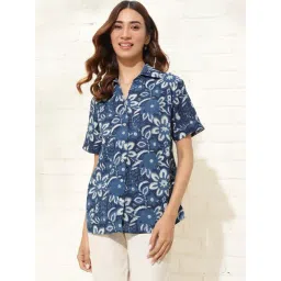 Fabindia Indigo Blue Cotton Floral Print Shirt-picture-17