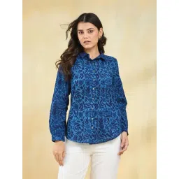 Fabindia Indigo Cotton Comfort Fit Floral Print Shirt-picture-43