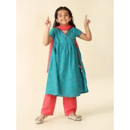 Fabindia Kids Blue & Coral Floral Print Kurta, Salwar with Dupatta-picture-15