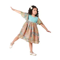 Fabindia Kids Blue & Peach Floral Print Dress-picture-33