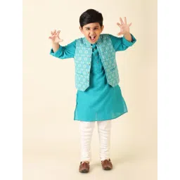 Fabindia Kids Blue & White Printed Full Sleeves Kurta, Jacket with Pyjamas-picture-17