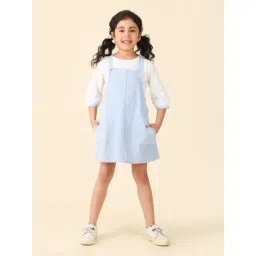 Fabindia Kids Blue & White Solid Full Sleeves Pinafore Dress with T-Shirt-picture-35