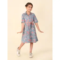 Fabindia Kids Blue Floral Print Shirt Dress with Belt-picture-40
