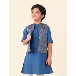Fabindia Kids Blue Printed Full Sleeves Kurta with Nehru Jacket-picture-40