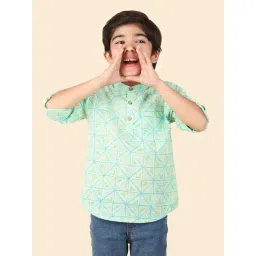 Fabindia Kids Green Printed Full Sleeves Short Kurta-picture-30