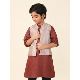 Fabindia Kids Maroon & Dusty Pink Striped Full Sleeves Kurta with Nehru Jacket-picture-36