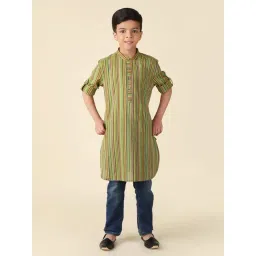 Fabindia Kids Olive Cotton Striped Full Sleeves Kurta-picture-30