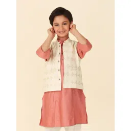 Fabindia Kids Peach & Beige Printed Full Sleeves Kurta with Nehru Jacket-picture-21