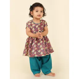 Fabindia Kids Pink & Teal Floral Print Kurta with Salwar-picture-15
