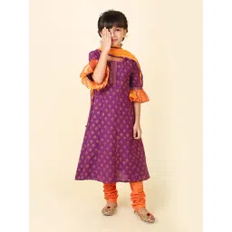 Fabindia Kids Purple with Orange Floral Print Kurta, Churidar with Dupatta-picture-11