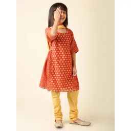 Fabindia Kids Red & Beige Floral Print Kurta, Churidar with Dupatta-picture-34