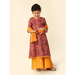 Fabindia Kids Red & Yellow Printed Kurta, Plazzos with Dupatta-picture-41