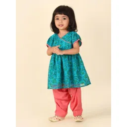 Fabindia Kids Teal & Coral Printed Kurta With Salwar-picture-35