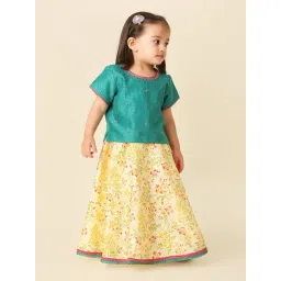 Fabindia Kids Teal & Light Yellow Floral Print Lehenga with Choli-picture-34
