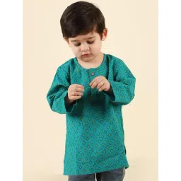 Fabindia Kids Teal Blue Cotton Printed Full Sleeves Kurta-picture-31