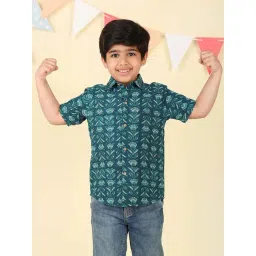 Fabindia Kids Teal Cotton Regular Fit Printed Shirt-picture-21
