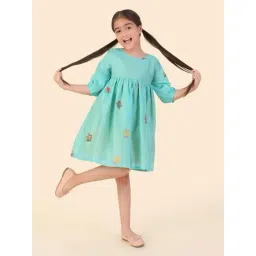 Fabindia Kids Teal Printed Dress image 3