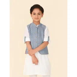 Fabindia Kids White & Grey Printed Full Sleeves Kurta with Nehru Jacket-picture-13