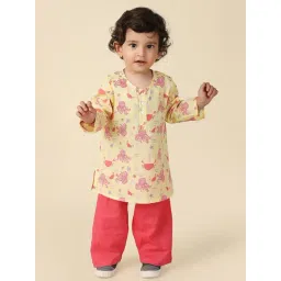 Fabindia Kids Yellow & Pink Cotton Printed Full Sleeves Kurta Set-picture-23