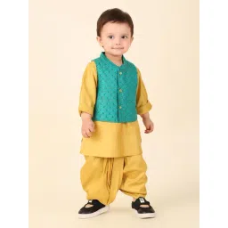 Fabindia Kids Yellow & Turquoise Printed Full Sleeves Kurta, Dhoti With Nehru Jacket-picture-21