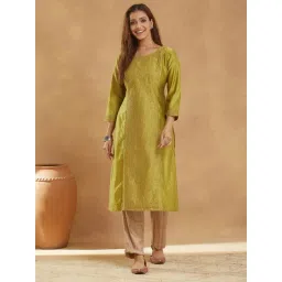 Fabindia Lime Embroidered Three-Quarter Sleeves Kurta-picture-19