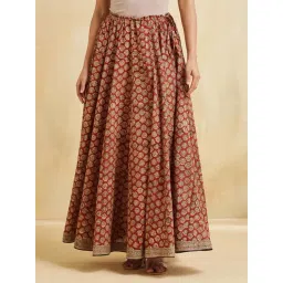 Fabindia Maroon Cotton Regular Fit Floral Print Skirt-picture-31