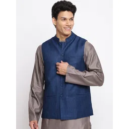 Fabindia Men Blue Woven Design Viscose Rayon Nehru Jacket-image-23