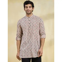 Fabindia Men Ethnic Motifs Printed Band Collar Bagh Printed Cotton Straight Kurta-picture-19