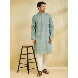 Fabindia Men Geometric Printed Flared Sleeves Thread Work Kurta-picture-24