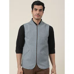Fabindia Men Grey Self Design Mandarin Collar Cotton Tailored Jacket-picture-40