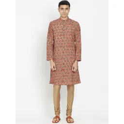 Fabindia Men Red & Beige Ethnic Motifs Printed Dobby Kurta-picture-23