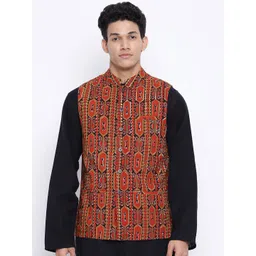 Fabindia Men Red Printed Cotton Nehru Jacket-picture-19