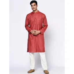 Fabindia Men Red Striped Cold-Shoulder Sleeves Thread Work Kurta-picture-30