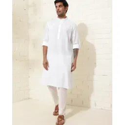 fabindia Men Relaxed Fit Long Kurta with Band Collar-picture-11
