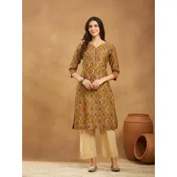 Fabindia Mustard Cotton Silk Bagru Printed Long Kurta-picture-36