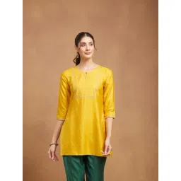 Fabindia Mustard Viscose Silk Embroidered Slim Fit Short Kurti-image-27