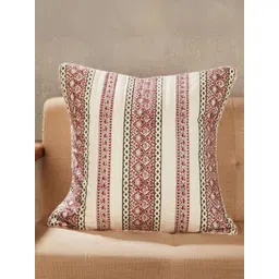 Fabindia Nazm Red & White Ethnic Motifs Printed Cotton Square Cushion Cover-image-21